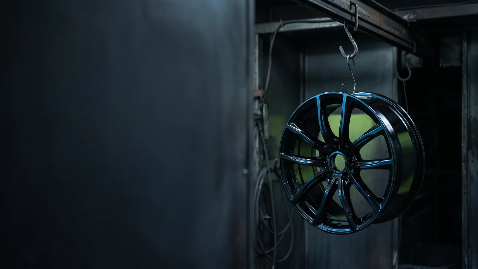Freshly powder coated gloss black alloy wheel hanging in a powder coating booth