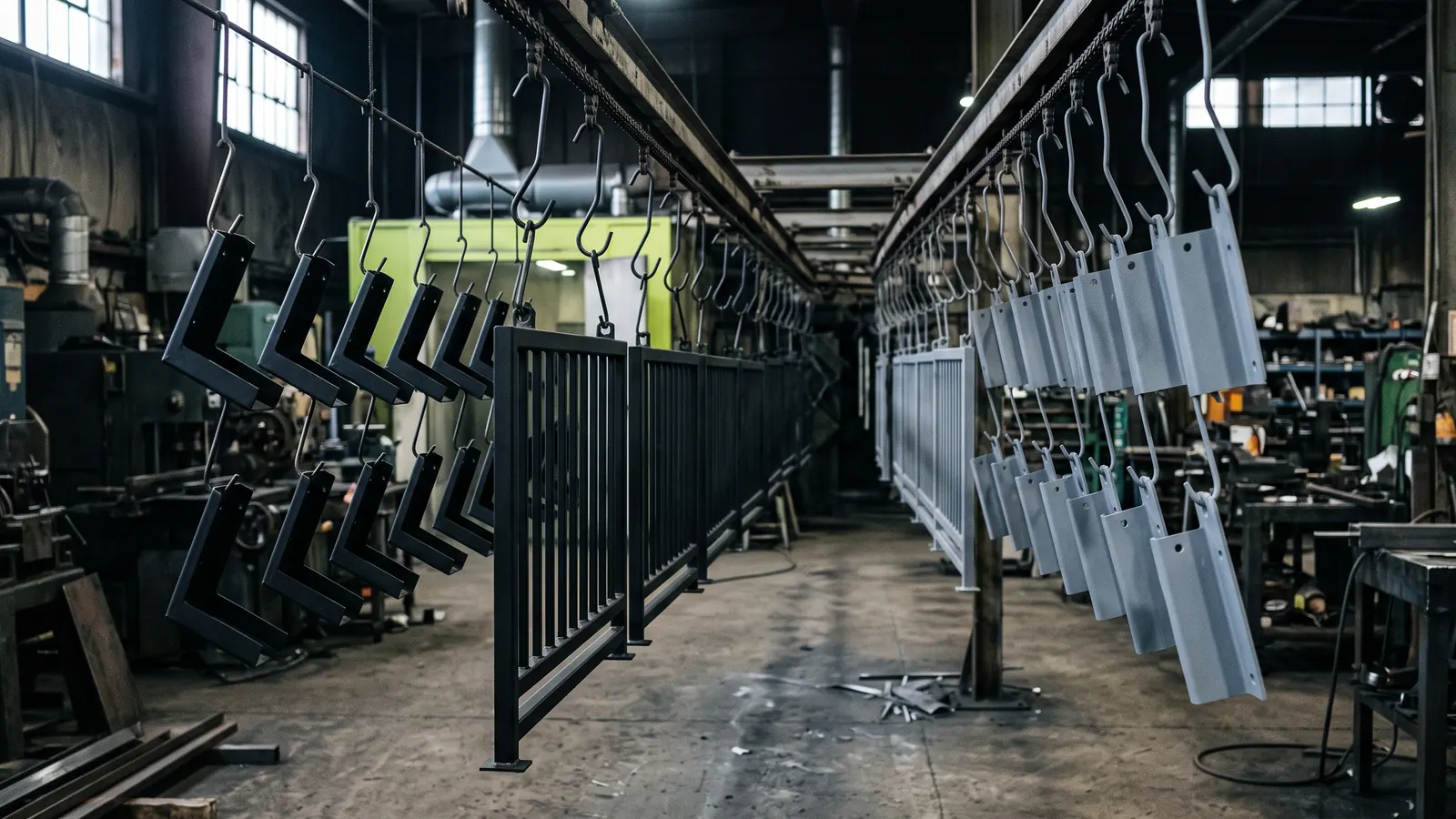 Powder coated metal parts hanging on a rack after oven curing